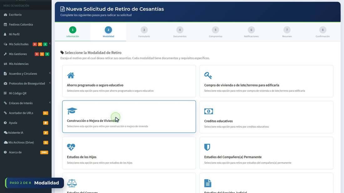Asistente de solicitud de retiro de cesantías