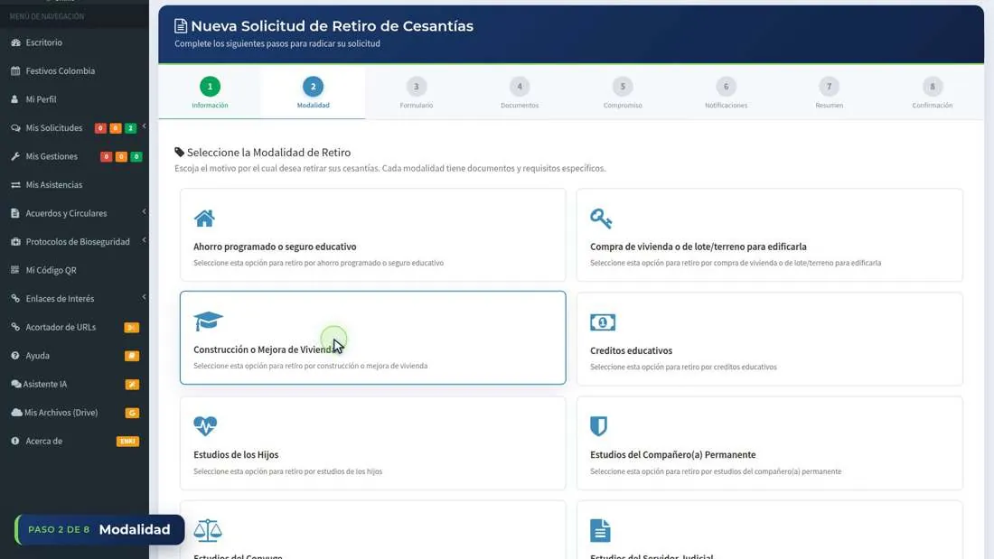 Asistente de solicitud de retiro de cesantías en el paso de la modalidad